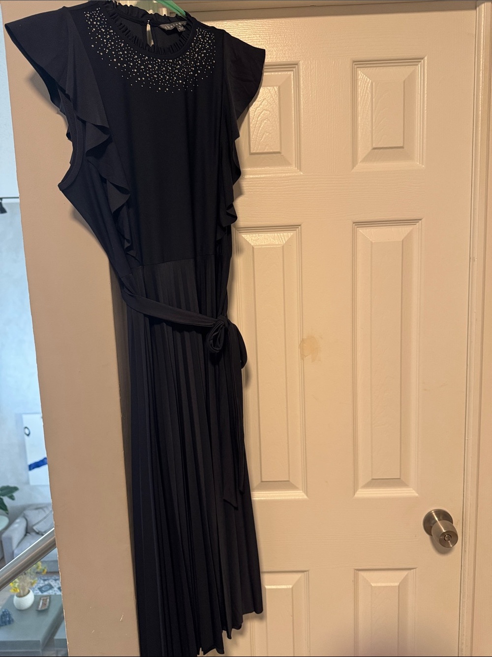 NEW Navy Blue Ruffle Sleeve Pleated Midi Dress w/Embellished Neckline. Size 10.
